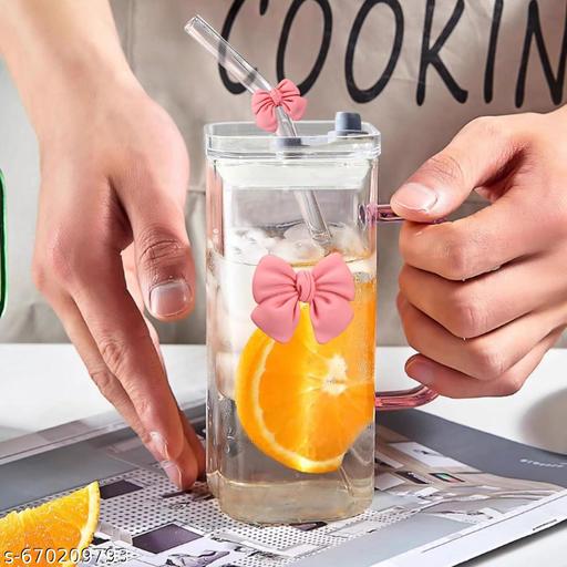 400 ml Trendy Pink Bow Cute Korean Styles Square Handle Cup with Bow Straw & Lid Aesthetic Mug for Home, Office, Café & Gift Purpose Use For Hot & Cold Beverages Iced Coffee, Milkshake, Juices, Water & Milk. #Cute Aesthetic Cup #Pink Bow Glass #Pookie Mug #Pink  - Zedshopy