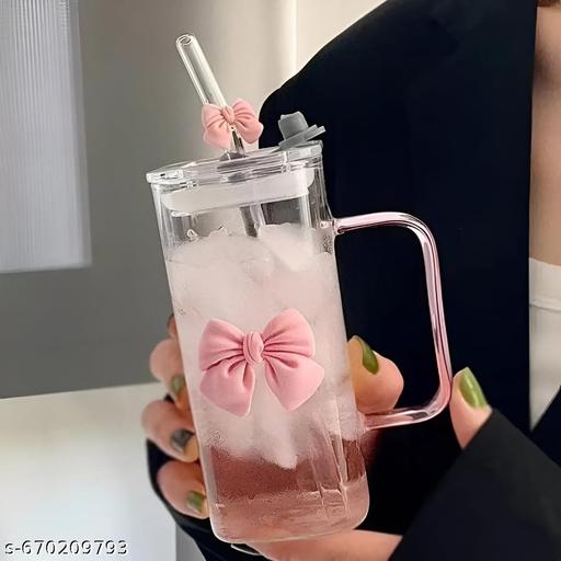 400 ml Trendy Pink Bow Cute Korean Styles Square Handle Cup with Bow Straw & Lid Aesthetic Mug for Home, Office, Café & Gift Purpose Use For Hot & Cold Beverages Iced Coffee, Milkshake, Juices, Water & Milk. #Cute Aesthetic Cup #Pink Bow Glass #Pookie Mug #Pink  - Zedshopy