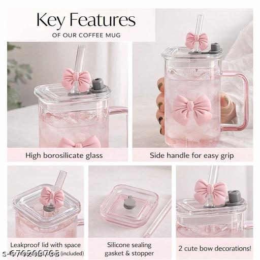 400 ml Trendy Pink Bow Cute Korean Styles Square Handle Cup with Bow Straw & Lid Aesthetic Mug for Home, Office, Café & Gift Purpose Use For Hot & Cold Beverages Iced Coffee, Milkshake, Juices, Water & Milk. #Cute Aesthetic Cup #Pink Bow Glass #Pookie Mug #Pink  - Zedshopy