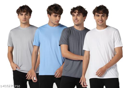 men solid regular fit roundneck tshirt combo pack of  4 light grey , sky blue, dark grey ,white - ZORA