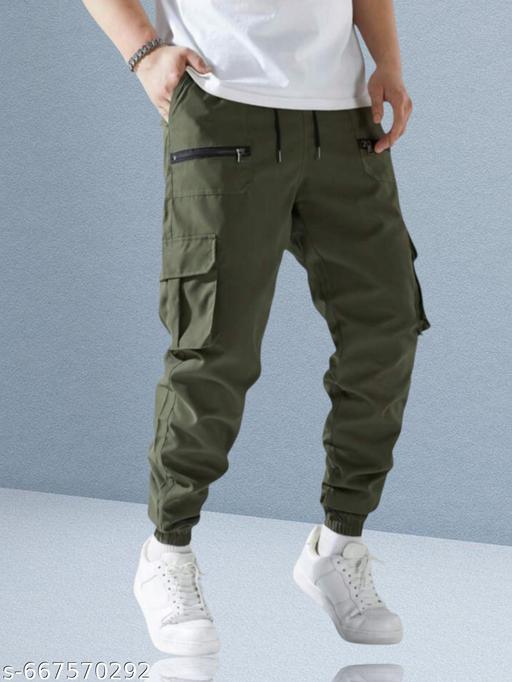 Men’s Green Multi-Pocket Cargo Pant | Cotton Casual Slim Fit Utility Trousers for Daily, Travel & Outdoor Wear - ZORA