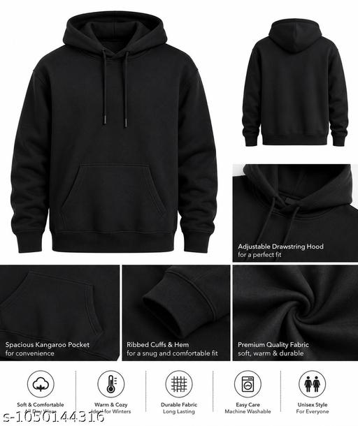 Men’s & Women’s Black Fleece Hoodie | Warm Unisex Regular Fit Sweatshirt - ZORA
