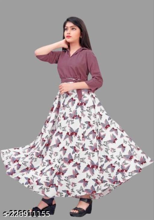 cute modern classy girls frocks & dresses | white with maroon butterfly print; mauve top, butterfly print, two-piece style top and skirt, A-line silhouette, A-line, one-piece, A-line dress, belt, pull-on, three-quarter, V-neck, belted, curved, maxi, unlined, Girls - ZORA