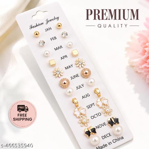 Beautiful 12 Pair Combo Set Zircon, Black, Pearl Brass, Stone, Silicone, Alloy, Silver Stud Earring, Hoop Earring, Cuff Earring, Ear Thread, Earring Set girls, and woman - ZORA
