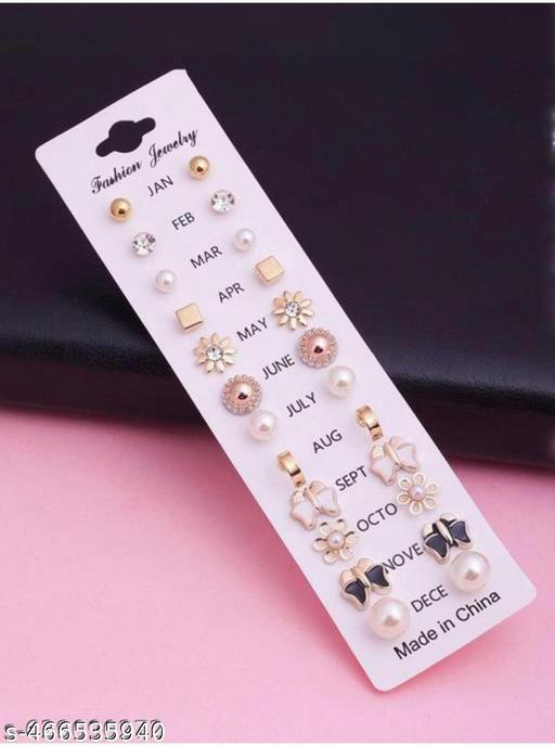 Beautiful 12 Pair Combo Set Zircon, Black, Pearl Brass, Stone, Silicone, Alloy, Silver Stud Earring, Hoop Earring, Cuff Earring, Ear Thread, Earring Set girls, and woman - ZORA