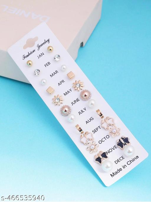 Beautiful 12 Pair Combo Set Zircon, Black, Pearl Brass, Stone, Silicone, Alloy, Silver Stud Earring, Hoop Earring, Cuff Earring, Ear Thread, Earring Set girls, and woman - ZORA