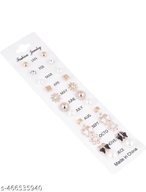 Beautiful 12 Pair Combo Set Zircon, Black, Pearl Brass, Stone, Silicone, Alloy, Silver Stud Earring, Hoop Earring, Cuff Earring, Ear Thread, Earring Set girls, and woman - ZORA