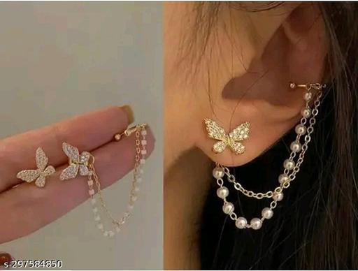 GORGEOUS PAIR OF BUTTERFLY STUDS WITH PEARL CHAIN EAR CUFF EARRINGS - ZORA