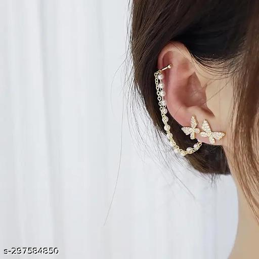 GORGEOUS PAIR OF BUTTERFLY STUDS WITH PEARL CHAIN EAR CUFF EARRINGS - ZORA