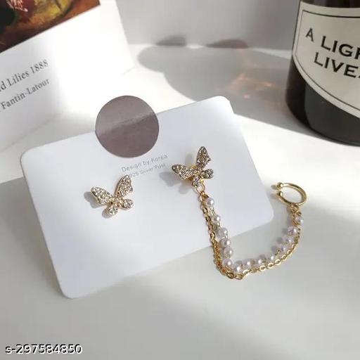 GORGEOUS PAIR OF BUTTERFLY STUDS WITH PEARL CHAIN EAR CUFF EARRINGS - ZORA