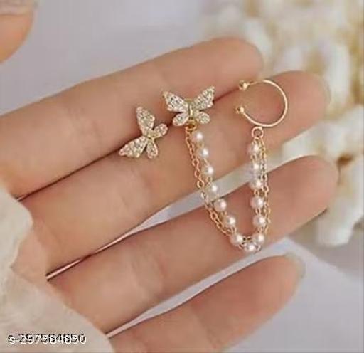 GORGEOUS PAIR OF BUTTERFLY STUDS WITH PEARL CHAIN EAR CUFF EARRINGS - ZORA