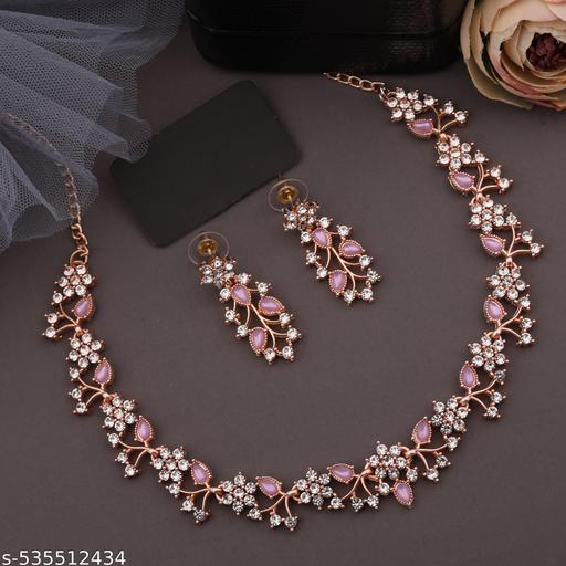 Jewellery Rose Gold-Plated Artificial Stone Studded Necklace Jewellery set with 1 Pair of Earring - ZORA