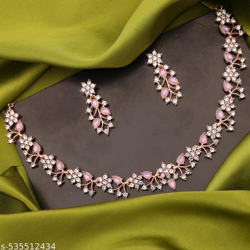 Jewellery Rose Gold-Plated Artificial Stone Studded Necklace Jewellery set with 1 Pair of Earring - ZORA