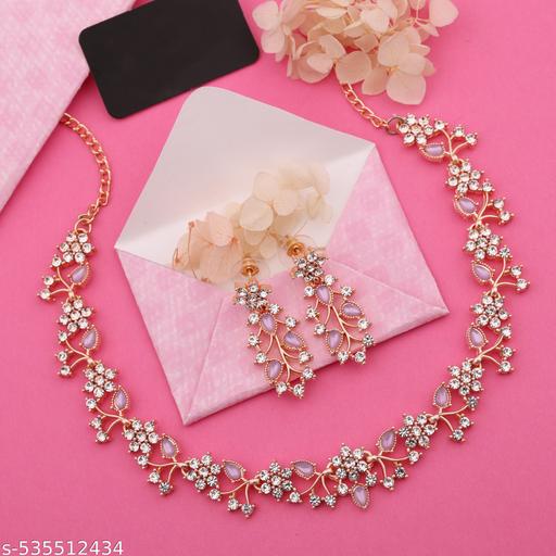 Jewellery Rose Gold-Plated Artificial Stone Studded Necklace Jewellery set with 1 Pair of Earring - ZORA