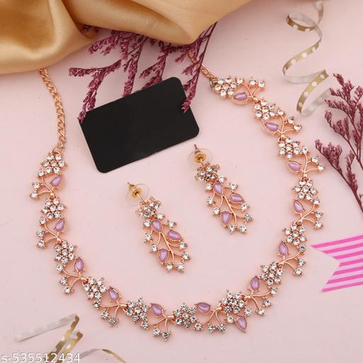 Jewellery Rose Gold-Plated Artificial Stone Studded Necklace Jewellery set with 1 Pair of Earring - ZORA