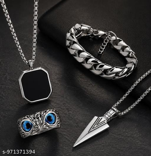 Men's Premium Black Onyx, Arrow Pendant, Owl Eye Ring & Cuban Bracelet Combo (Pack of 4) - ZORA