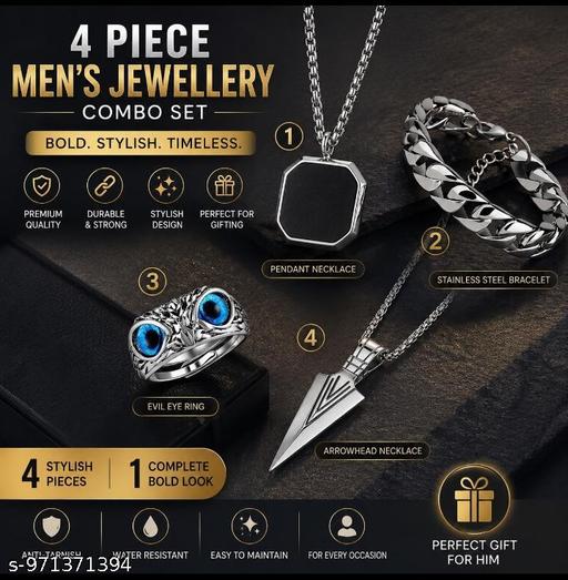 Men's Premium Black Onyx, Arrow Pendant, Owl Eye Ring & Cuban Bracelet Combo (Pack of 4) - ZORA