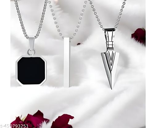 Minimal Men's Pendant Necklace Combo: Black Octagon, Silver Bar & Arrowhead Designs - ZORA