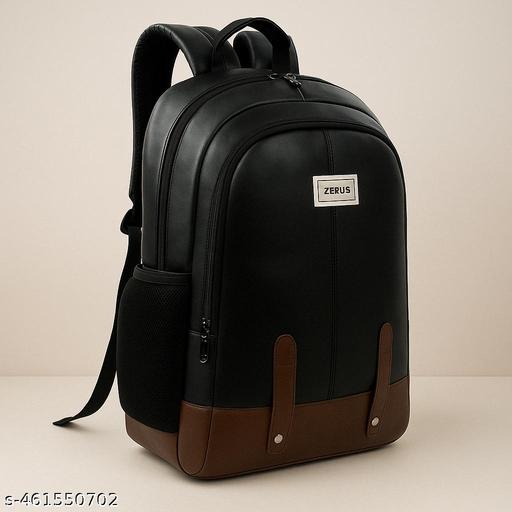 Size: M (15-30L) Black PU Leather Laptop Backpack 15.6” Office College Travel Bag for Men & Women - ZORA
