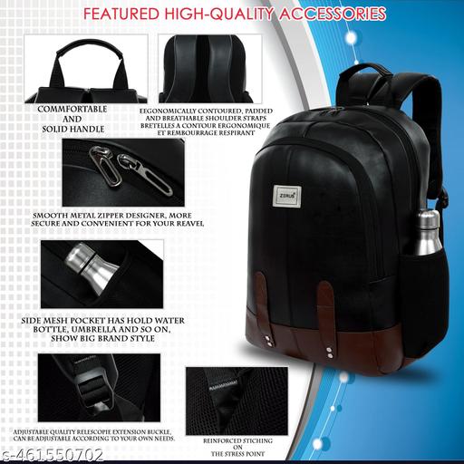 Size: M (15-30L) Black PU Leather Laptop Backpack 15.6” Office College Travel Bag for Men & Women - ZORA