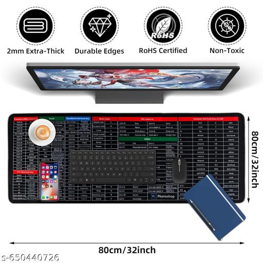 Anti-Slip Keyboard Pad with Office Software Shortcuts Pattern, Clear Extended Large Cheat Sheet Mouse Pad, Large Rubber Base Mice Smooth Cloth Desk Mat, Excel Shortcut Keys Mouse Pad (Miscrosoft Office Software, Photoshop) (800x300x2mm) - ZORA