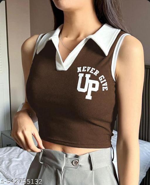 Stylish Sleeveless Maroon Crop Top with White Collar & "Never Give Up" Print - ZORA
