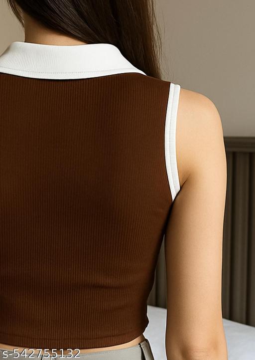 Stylish Sleeveless Maroon Crop Top with White Collar & "Never Give Up" Print - ZORA