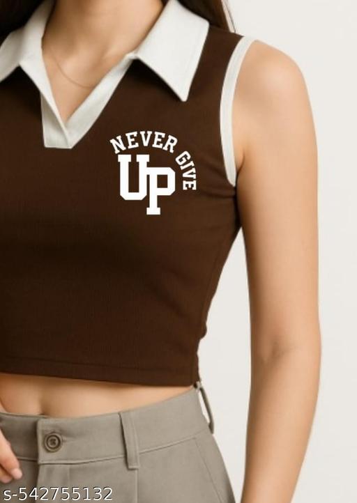 Stylish Sleeveless Maroon Crop Top with White Collar & "Never Give Up" Print - ZORA