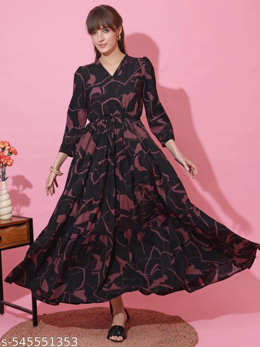 Black,Brown Abstract Print Puff Sleeves Fit and Flare Maxi Dress - ZORA