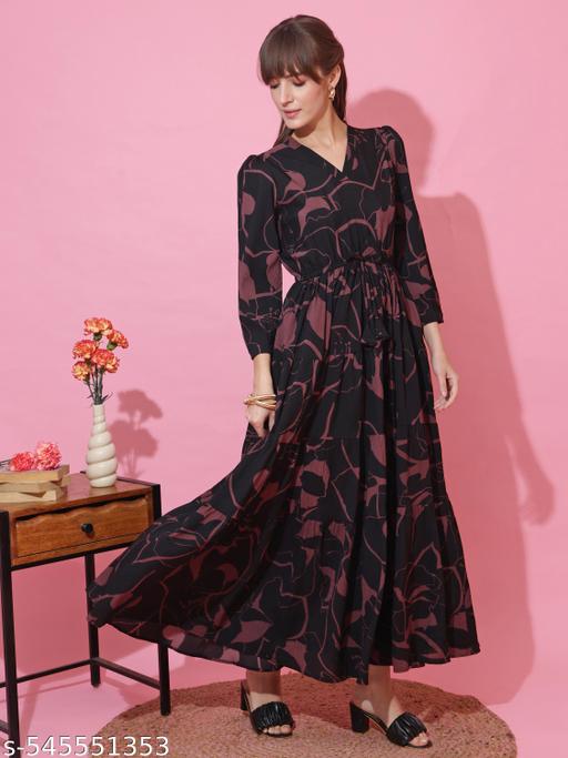 Black,Brown Abstract Print Puff Sleeves Fit and Flare Maxi Dress - ZORA