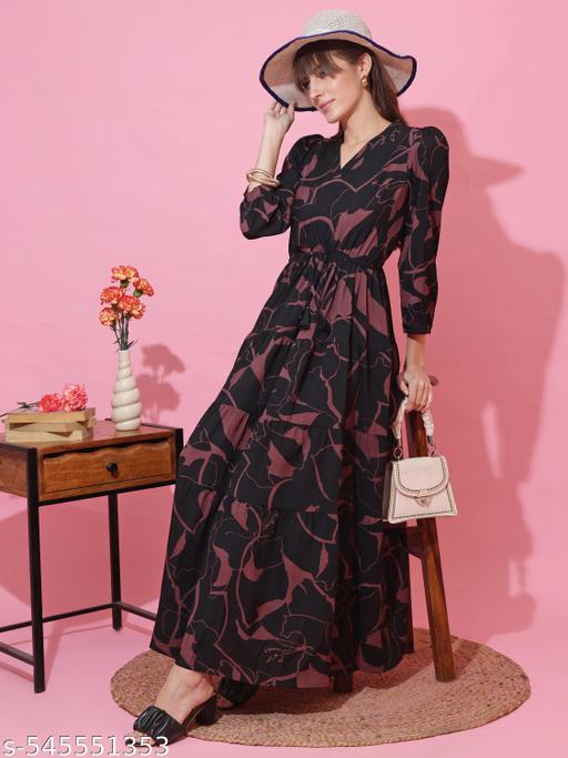 Black,Brown Abstract Print Puff Sleeves Fit and Flare Maxi Dress - ZORA