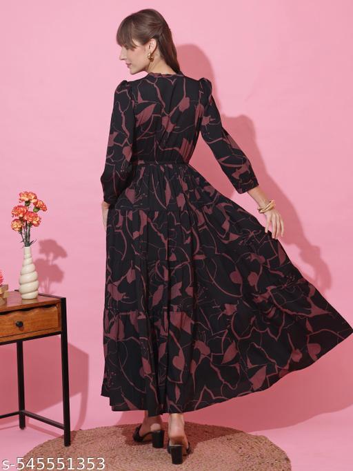 Black,Brown Abstract Print Puff Sleeves Fit and Flare Maxi Dress - ZORA