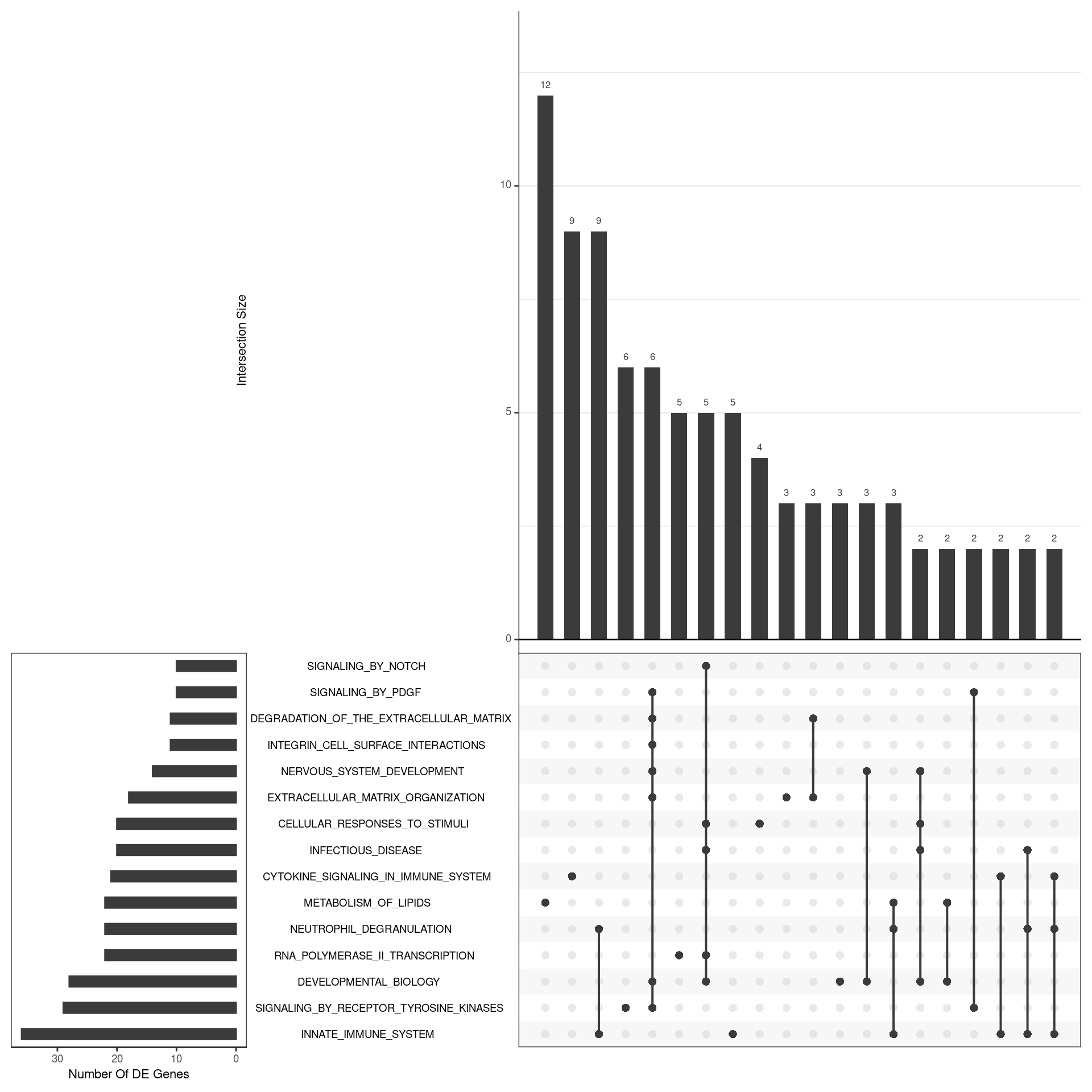 *UpSet plot indicating distribution of DE genes within all significant gene sets. Gene sets were restricted to those with an FDR < 0.05 and at least 5 DE genes*