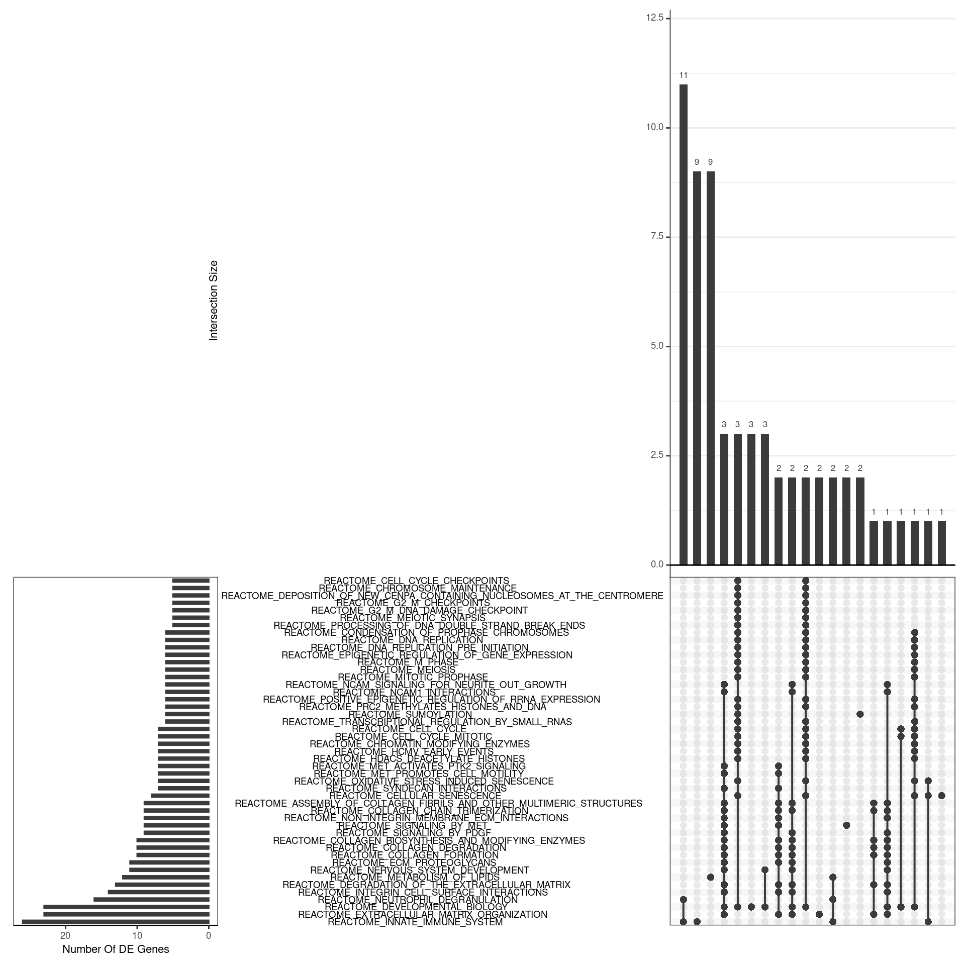 *UpSet plot indicating distribution of DE genes within all significant gene sets. Gene sets were restricted to those with an FDR < 0.05 and at least 5 DE genes*