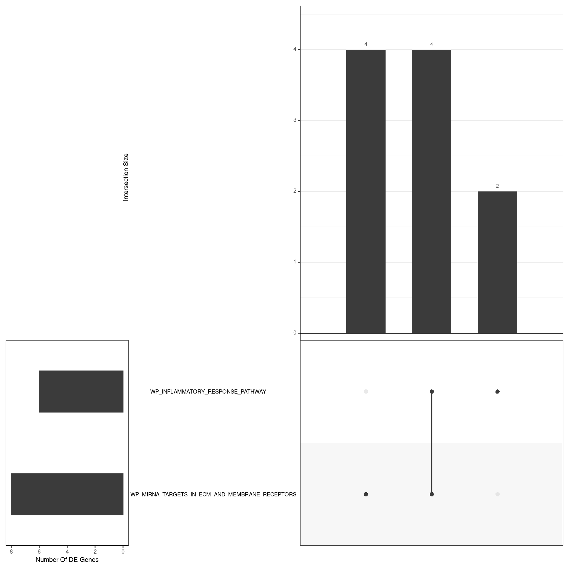 *UpSet plot indicating distribution of DE genes within all significant gene sets. Gene sets were restricted to those with an FDR < 0.05 and at least 5 DE genes*