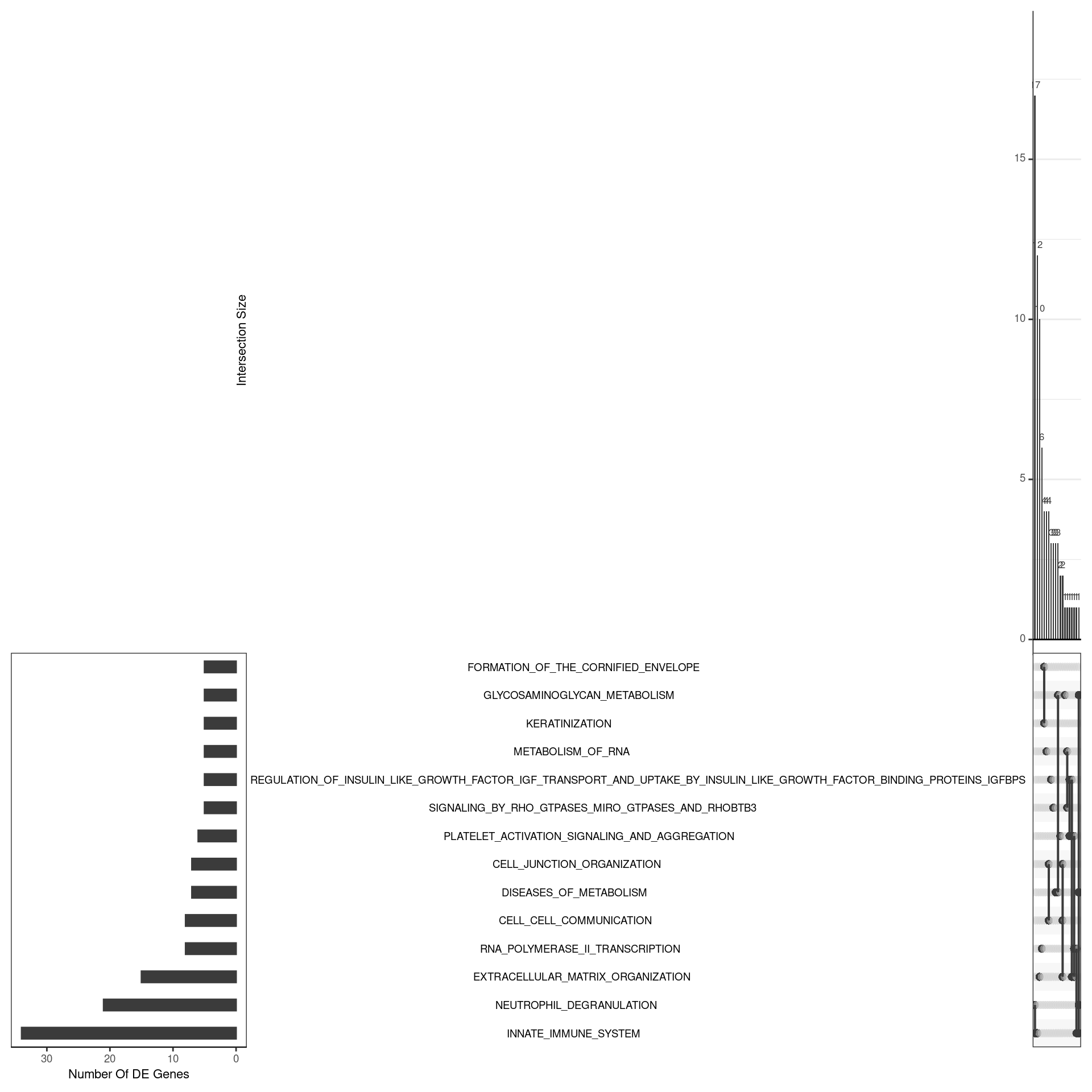 *UpSet plot indicating distribution of DE genes within all significant gene sets. Gene sets were restricted to those with an FDR < 0.05 and at least 5 DE genes*