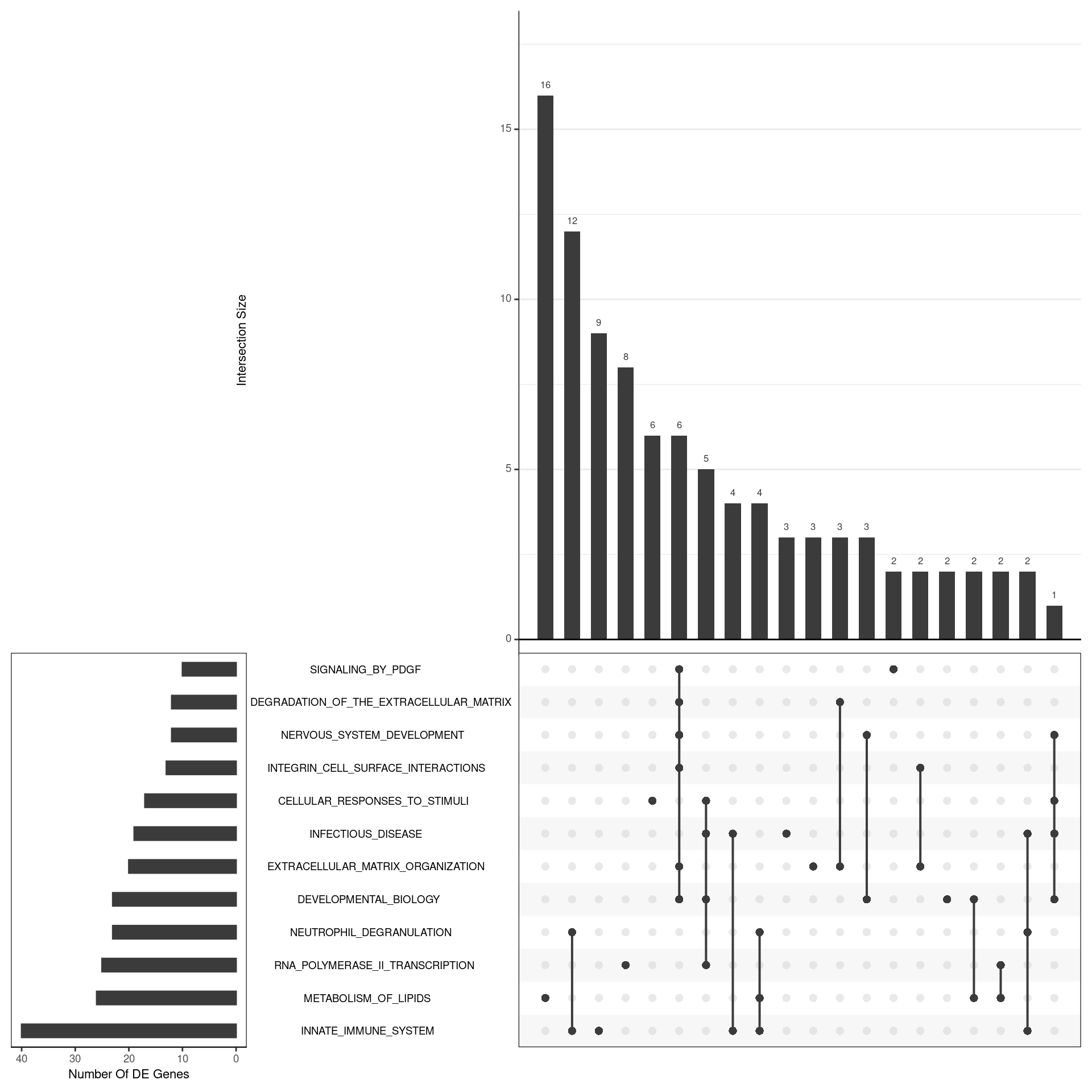 *UpSet plot indicating distribution of DE genes within all significant gene sets. Gene sets were restricted to those with an FDR < 0.05 and at least 5 DE genes*