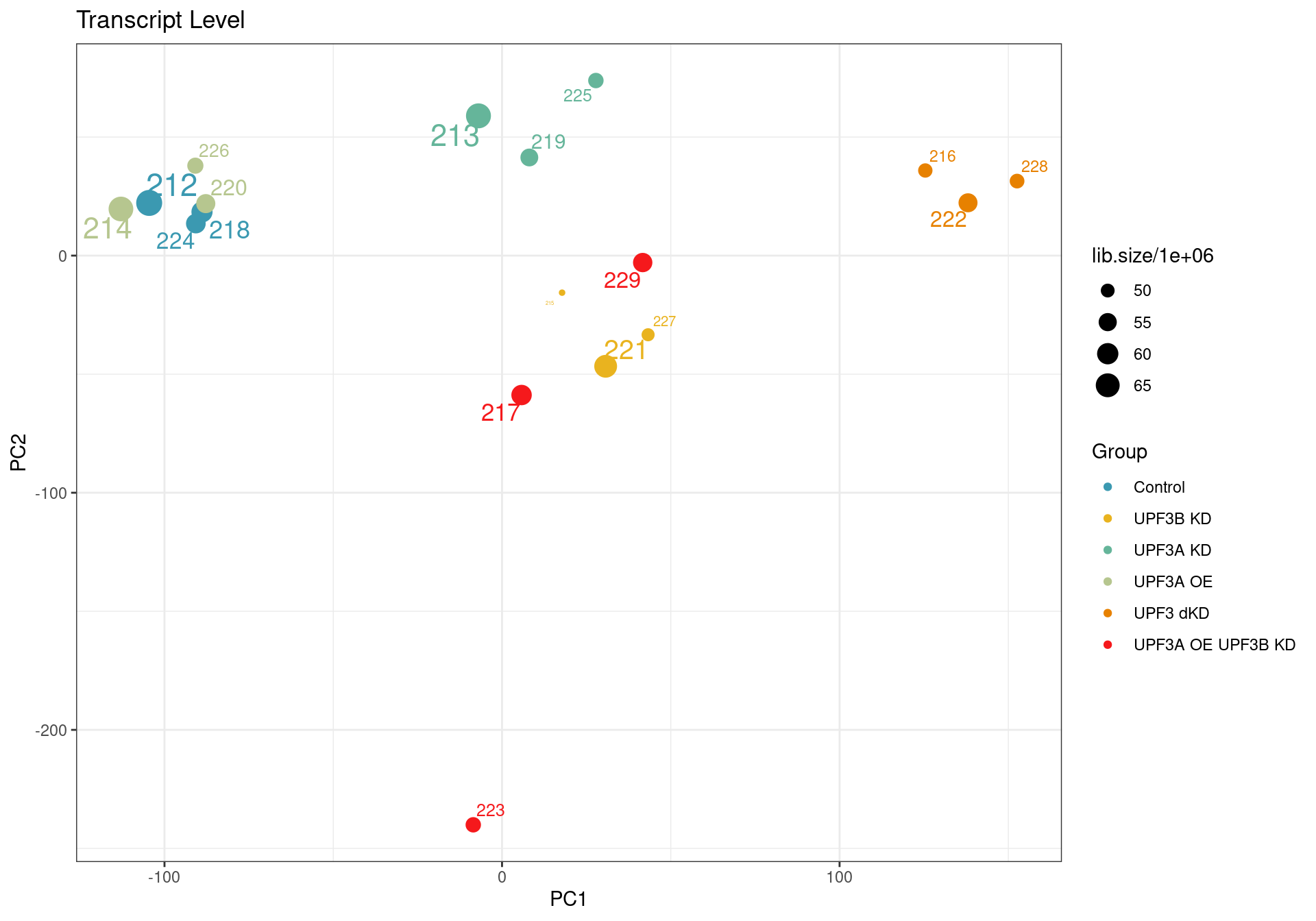 *Principal component analysis of transcript level data. PCA was performed on log2 transformed CPM after filtering lowly expressed genes. The PCA shows that samples are clustering close to their conditions based on PC1, however one of the samples of the UPF3A OE in UPF3B KD cell line (sample 223), seems to deviate from its condition group and the rest of the data, so needs to be further investigated*