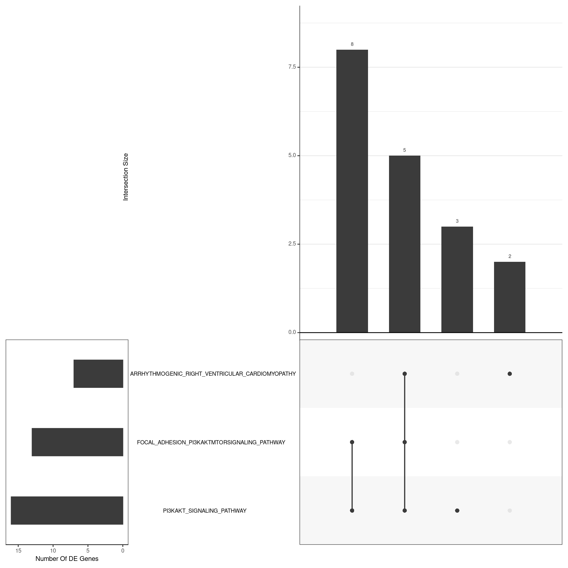 *UpSet plot indicating distribution of DE genes within all significant gene sets. Gene sets were restricted to those with an FDR < 0.05 and at least 5 DE genes*