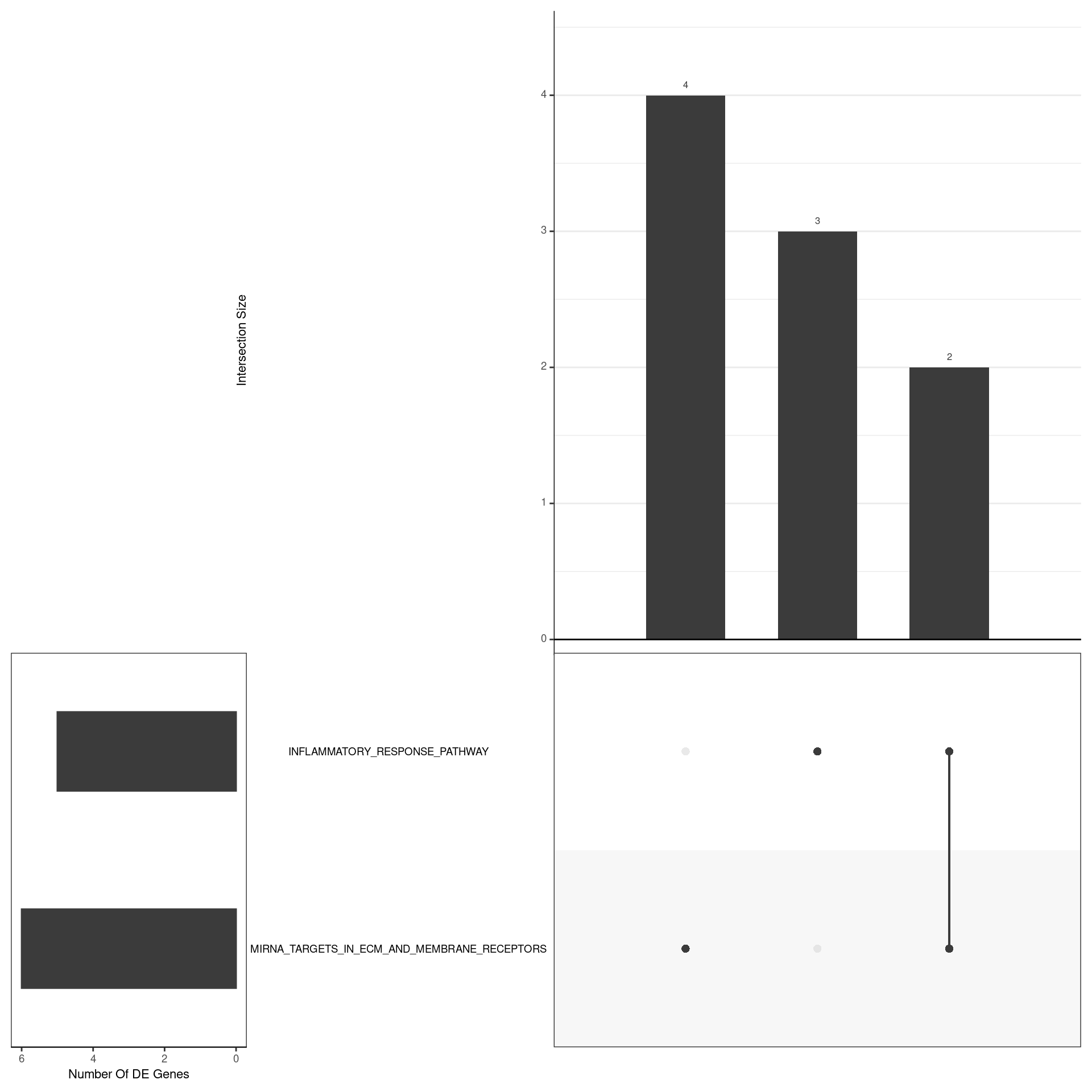 *UpSet plot indicating distribution of DE genes within all significant gene sets. Gene sets were restricted to those with an FDR < 0.05 and at least 5 DE genes*