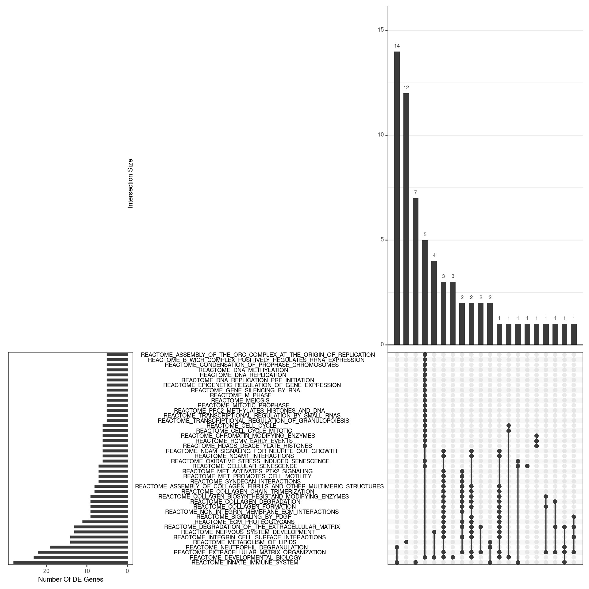 *UpSet plot indicating distribution of DE genes within all significant gene sets. Gene sets were restricted to those with an FDR < 0.05 and at least 5 DE genes*