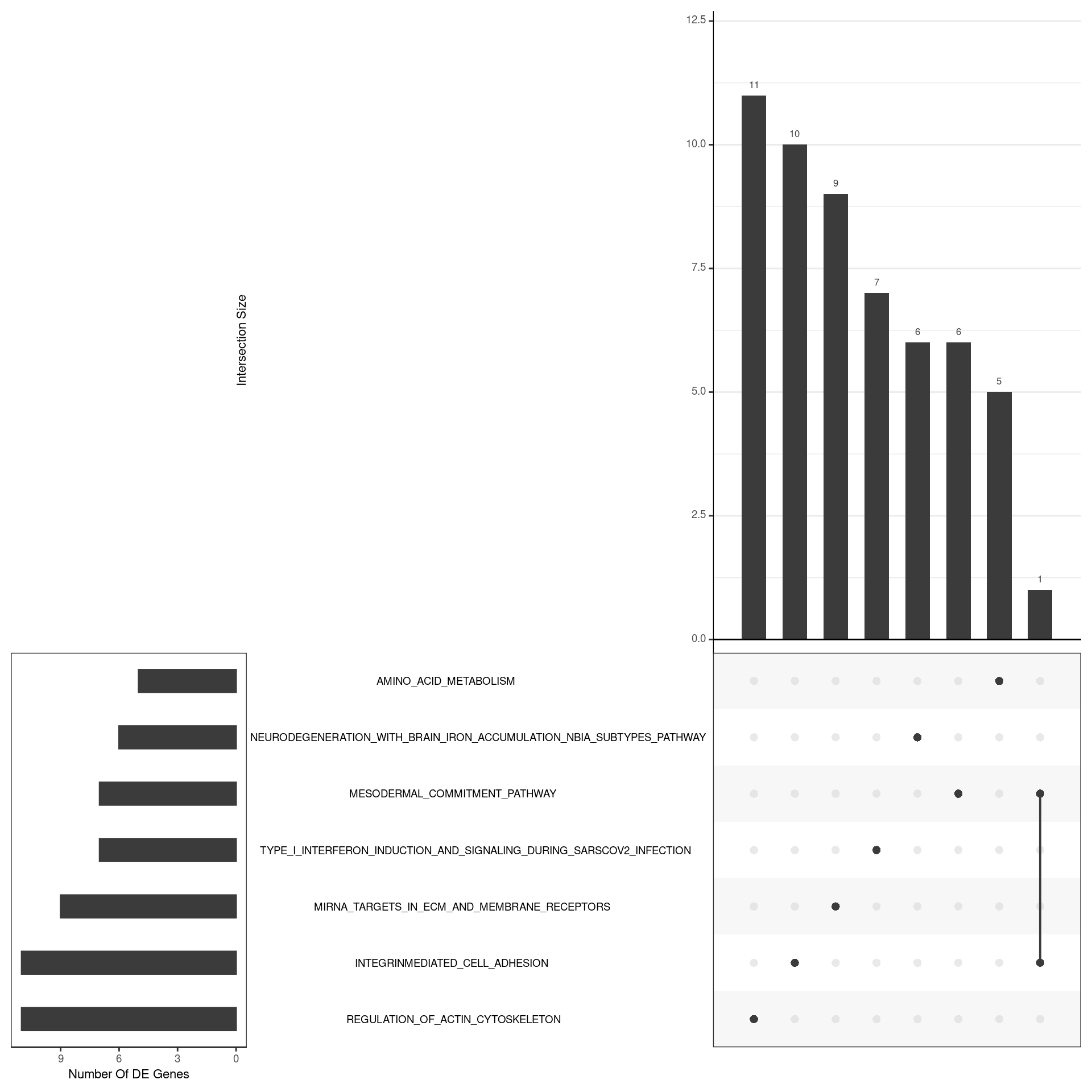*UpSet plot indicating distribution of DE genes within all significant gene sets. Gene sets were restricted to those with an FDR < 0.05 and at least 5 DE genes*