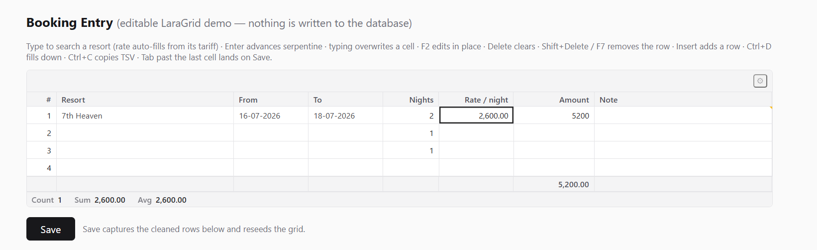 A Booking Entry form where a resort picker auto-fills the nightly rate, nights derive from a date range, the amount column recomputes live, and a status bar shows count, sum and average