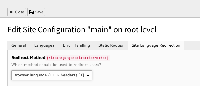 Screenshot of Site Language Redirection tab in site configuration