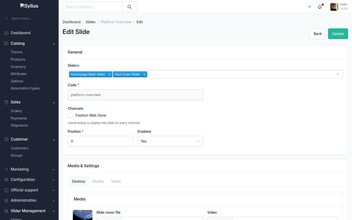 Slide media and settings per breakpoint