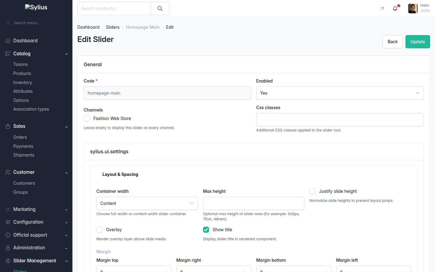 Slider edit page
