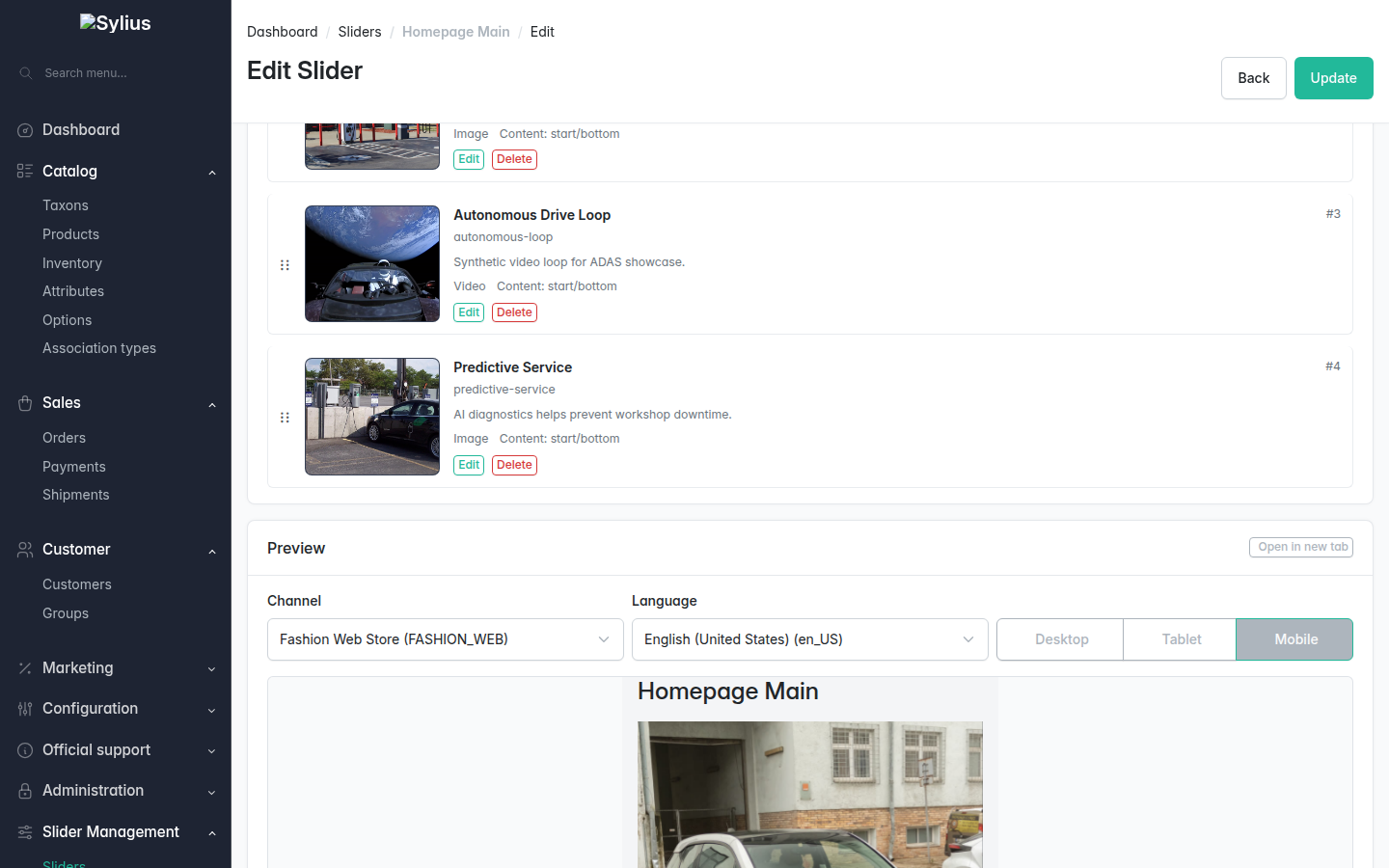 Admin slider preview panel