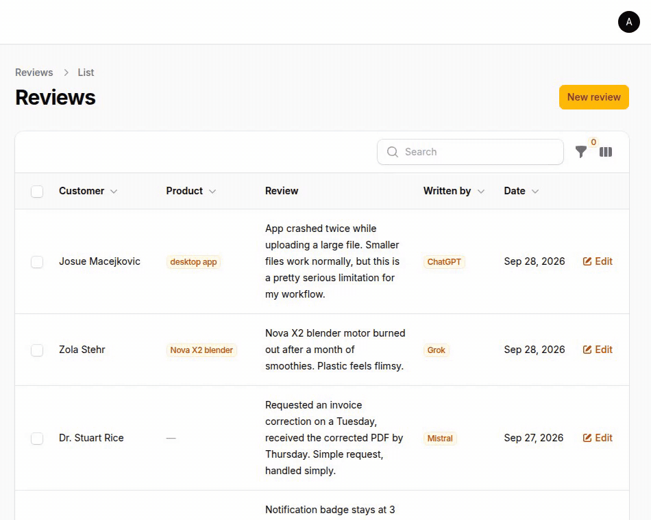 Vibefilter in a Filament table: "The customer is angry." leaves 232 of 1,000 reviews, scored in 1.0 s for $0.0031