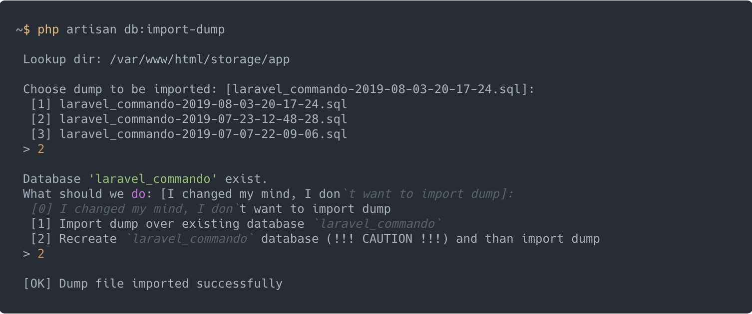 php artisan db import dump command from laravel-commando package