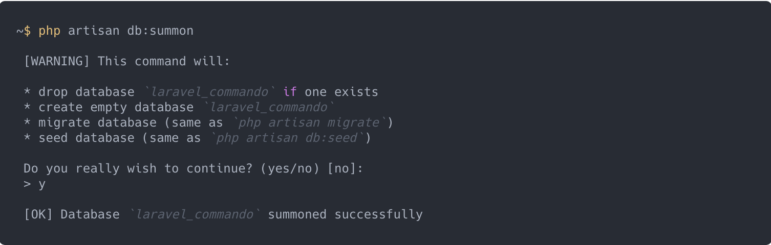 php artisan db summon command from laravel-commando package